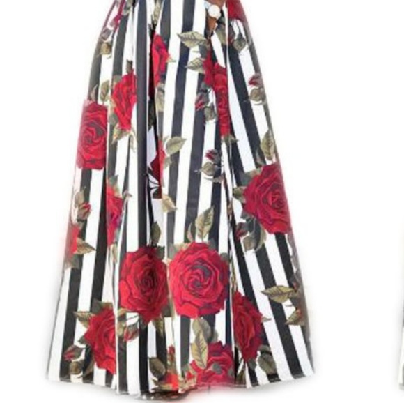 2 pc Rose Striped Maxi Skirt Cold Shoulder Dress M - Picture 2 of 6